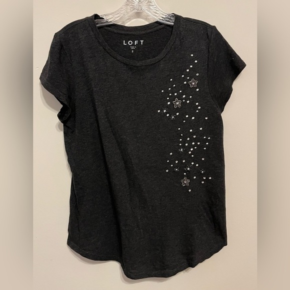 LOFT Women’s Black Cotton Tee w/Bling Detail Short Sleeve, Scallop Waist; Size S - Picture 1 of 8